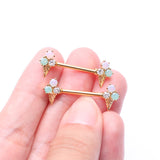 Detail View 2 of A Pair of Golden Adorable Mixed Flavor Ice Cream Cone Nipple Barbell-Clear Gem/Rose Water Opal/Aqua