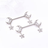 Detail View 1 of A Pair of Sparkle Crescent Moon Twinkle Dangle Nipple Barbell-Clear Gem