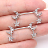 Detail View 2 of A Pair of Sparkle Crescent Moon Twinkle Dangle Nipple Barbell-Clear Gem