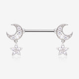 A Pair of Sparkle Crescent Moon Twinkle Dangle Nipple Barbell-Clear Gem