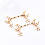 Detail View 1 of A Pair of Golden Sparkle Crescent Moon Twinkle Dangle Nipple Barbell-Clear Gem