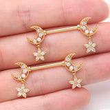 Detail View 2 of A Pair of Golden Sparkle Crescent Moon Twinkle Dangle Nipple Barbell-Clear Gem