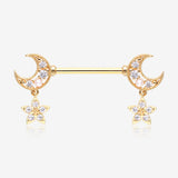 A Pair of Golden Sparkle Crescent Moon Twinkle Dangle Nipple Barbell