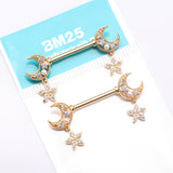 Detail View 3 of A Pair of Golden Sparkle Crescent Moon Twinkle Dangle Nipple Barbell-Clear Gem