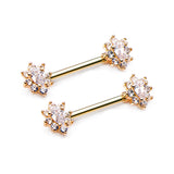 Detail View 1 of A Pair of Golden Grand Luria Floral Sparkle Nipple Barbell-Clear Gem