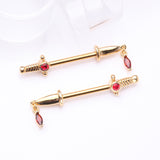 Detail View 1 of A Pair of Golden Sparkle Dagger Dangle Nipple Barbell Ring-Red