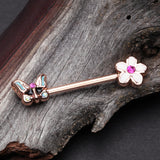 Detail View 1 of A Pair of Rose Gold Sweet Butterfly Flower Garden Nipple Barbell-Fuchsia/Aqua/Aurora Borealis