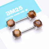 Detail View 2 of A Pair of Tiger Eye Stone Prong Nipple Barbell Ring