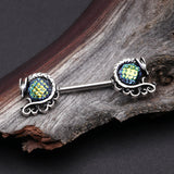 Detail View 1 of A Pair of Vintage Dragon Iridescent Scale Orb Nipple Barbell-Green