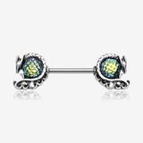 A Pair of Vintage Dragon Iridescent Scale Orb Nipple Barbell