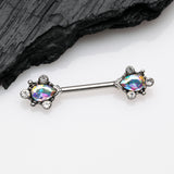 Detail View 1 of A Pair of Vintage Thorn Filigree Gem Sparkle Nipple Barbell-Clear Gem/Aurora Borealis