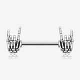 A Pair of Rock On Skeleton Hands Steel Nipple Barbell
