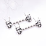 Detail View 1 of A Pair of Rock On Skeleton Hands Steel Nipple Barbell
