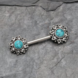 Detail View 1 of A Pair of Mystique Flower Turquoise Vintage Nipple Barbell-Blue/Aqua