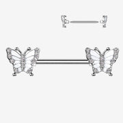 A Pair of Elegant Argent Butterfly Sparkle Nipple Barbell