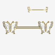 A Pair of Golden Elegant Argent Butterfly Sparkle Nipple Barbell