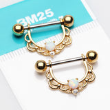 Detail View 2 of A Pair of Golden Turan Fire Opal Sparkle Dangle Nipple Shield-White Opal