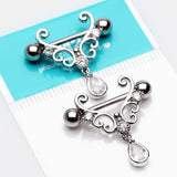 Detail View 2 of A Pair of Royal Heart Filigree Sparkle Dangle Nipple Shield-Clear Gem