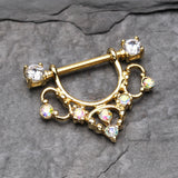 Detail View 1 of Golden Muilla Filigree Sparkle Dangle Nipple Shield Ring-Clear Gem/Aurora Borealis