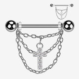 A Pair of Triple Chained Sparkle Cross Nipple Barbell-Clear Gem