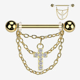 A Pair of Golden Triple Chained Sparkle Cross Nipple Barbell