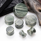 Detail View 2 of A Pair of Green Line Jasper Stone Double Flared Ear Gauge Plug
