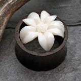 Detail View 1 of A Pair of Anemone Flower Organic Ear Gauge Tunnel Plug-Clear Gem/White