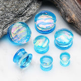 Detail View 2 of A Pair of Dichroic Glass Iridescent Double Flared Plug-Aqua