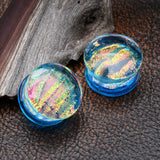 Detail View 1 of A Pair of Dichroic Glass Iridescent Double Flared Plug-Aqua