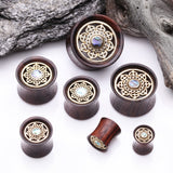 Detail View 2 of A Pair of Royal Bali Abalone Floral Brass Rosewood Double Flared Tunnel Plug