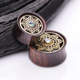Detail View 3 of A Pair of Royal Bali Abalone Floral Brass Rosewood Double Flared Tunnel Plug