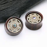 Detail View 1 of A Pair of Royal Bali Abalone Floral Brass Rosewood Double Flared Tunnel Plug