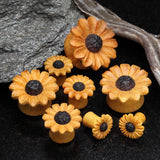 Detail View 2 of A Pair of Classic Sunflower Jackfruit Wood Handcarved Ear Gauge Plug