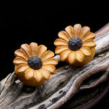 Detail View 1 of A Pair of Classic Sunflower Jackfruit Wood Handcarved Ear Gauge Plug