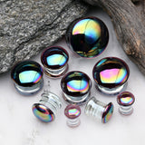 Detail View 3 of A Pair of Rainbow Slick Iridescent Convex Glass Double Flared Plug