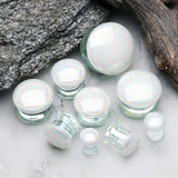Detail View 3 of A Pair of Milky Aurora Iridescent Convex Glass Double Flared Plug