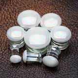 Detail View 2 of A Pair of Milky Aurora Iridescent Convex Glass Double Flared Plug