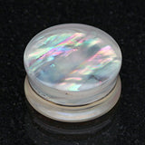 Detail View 1 of A Pair of Mother of Pearl Inlay Double Sided Ear Gauge Plug-Clear Gem/White