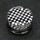 Detail View 1 of A Pair of Classic Checker Inlay Double Flared Ear Gauge Plug-Black