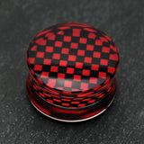 Detail View 1 of A Pair of Classic Checker Inlay Double Flared Ear Gauge Plug-Red