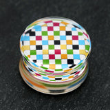Detail View 1 of A Pair of Classic Checker Inlay Double Flared Ear Gauge Plug-Rainbow