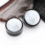 Detail View 1 of A Pair of Mother of Pearl Inlayed Buffalo Horn Double Flared Ear Gauge Plug