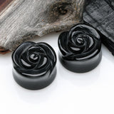 Detail View 1 of A Pair of Rose Blossom Black Agate Stone Double Flared Plug