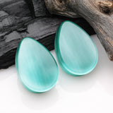 Detail View 1 of A Pair of Mint Cat-Eye Stone Teardrop Double Flared Ear Gauge Plug