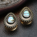 Detail View 1 of A Pair of Golden Vintage Chakra Abalone Ear Gauge Plug-Green