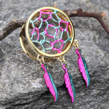 A Pair of Golden Dreamcatcher Feather Dangle Steel Ear Gauge Plug