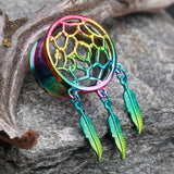 A Pair of Rainbow Dreamcatcher Feather Dangle Steel Ear Gauge Plug