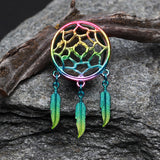 A Pair of Rainbow Dreamcatcher Feather Dangle Steel Ear Gauge Plug