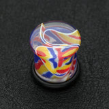Detail View 1 of A Pair of Vibrant Marble Swirls Single Flared Ear Gauge Plug-Blue/Yellow