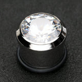 Detail View 1 of A Pair of Magnum CZ Press Fit Single Flared Ear Gauge Plug-Clear Gem
